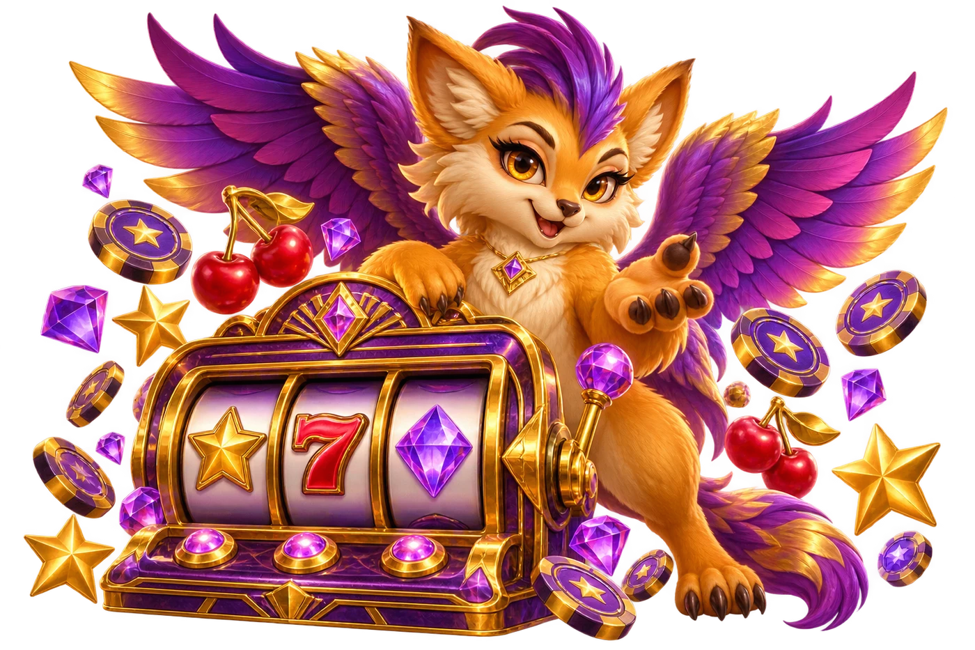 Moxie, a golden fox-griffin with purple wings, beside a playful 3D slot machine and fictional tokens